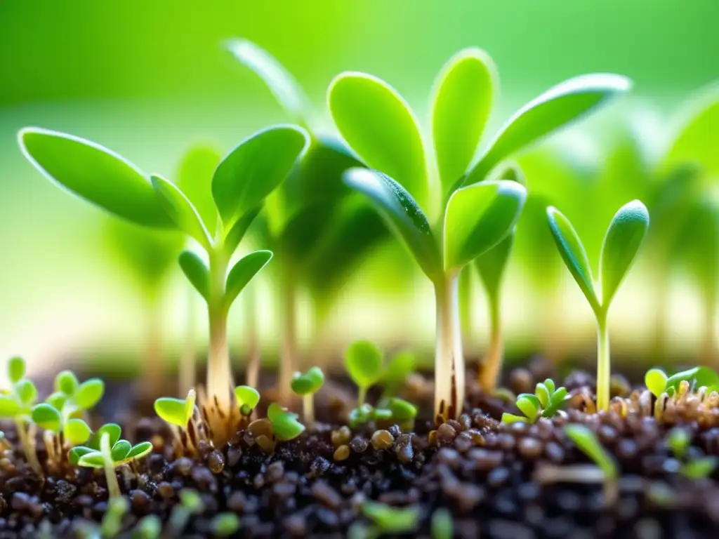 Un jardín de germinados vibrante y exuberante bañado en luz natural, resaltando la vitalidad y los beneficios nutricionales de los germinados.