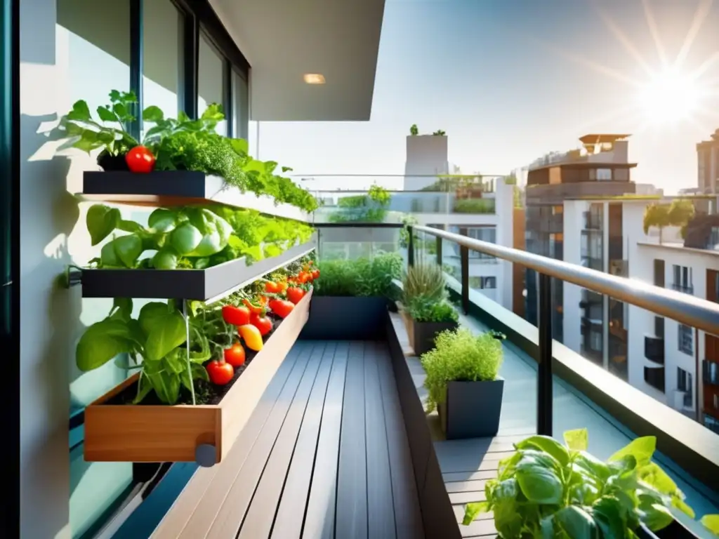 Un jardín urbano lleno de vegetales fáciles cultivo en espacios reducidos. La luz del sol crea sombras entre la exuberante vegetación.