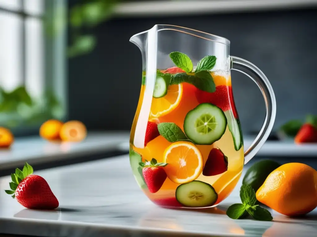 Una jarra de agua fresca y saludable con frutas y menta, sobre una encimera de mármol. <b>Alternativas saludables bebidas sin azúcar.