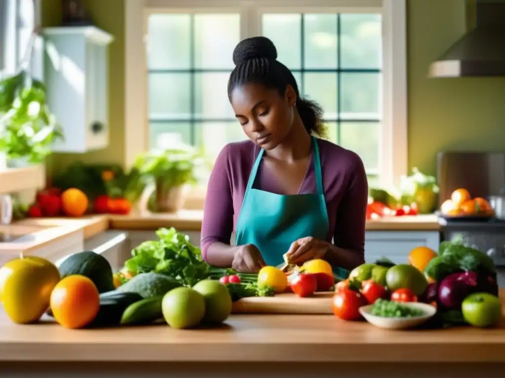 Una joven prepara alimentos frescos rodeada de frutas y verduras coloridas, irradiando serenidad y enfoque. <b>Evitar trampa trastornos alimentarios.