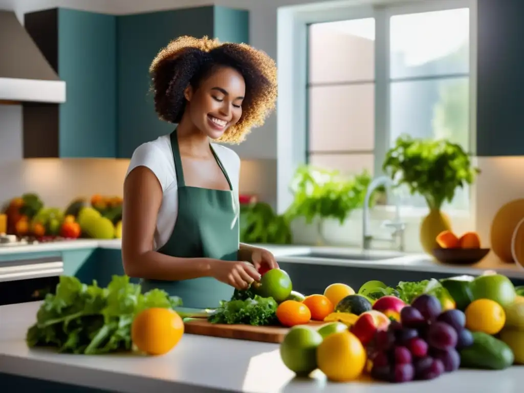 Una joven prepara una ensalada fresca en una cocina minimalista, rodeada de frutas y verduras coloridas. <b>La luz del sol crea un ambiente cálido.</b> <b>Análisis crítico dietas moda 2023.