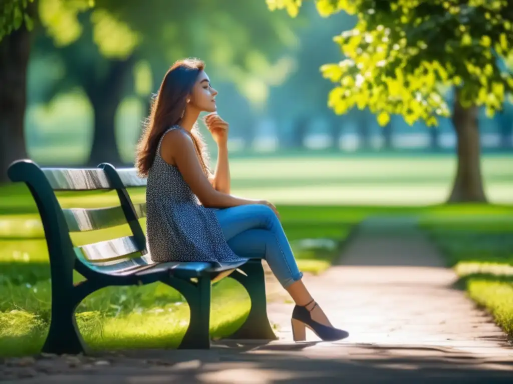 Una joven sentada sola en un banco en un parque verde exuberante, con una expresión pensativa. <b>Señales de alerta trastornos alimentarios.