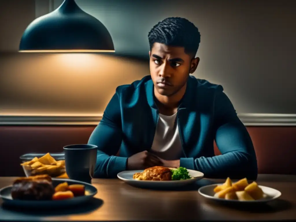 Un joven solitario en conflicto con desórdenes alimentarios se sienta solo frente a un plato de comida. <b>La imagen transmite ansiedad y aislamiento.