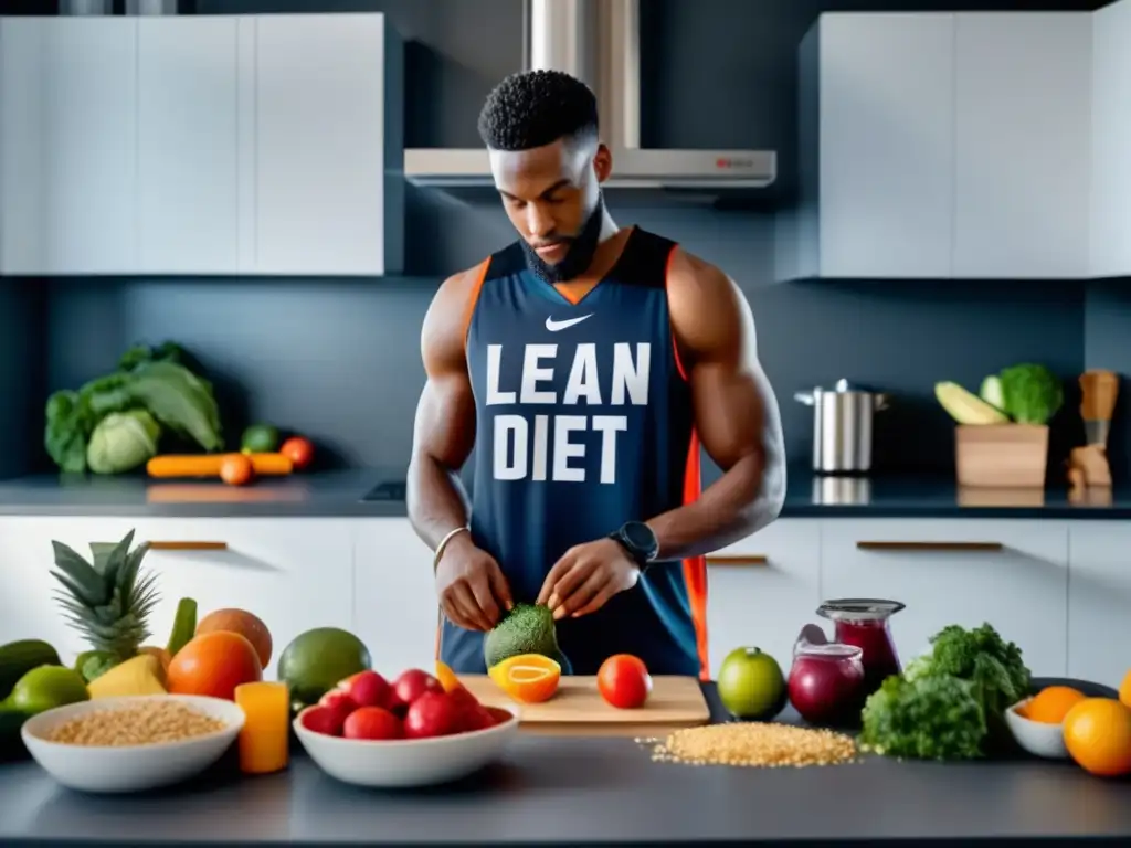 Un jugador de baloncesto prepara su comida en una cocina moderna y luminosa, enfocado y determinado. <b>Plan alimenticio para basquetbolistas.