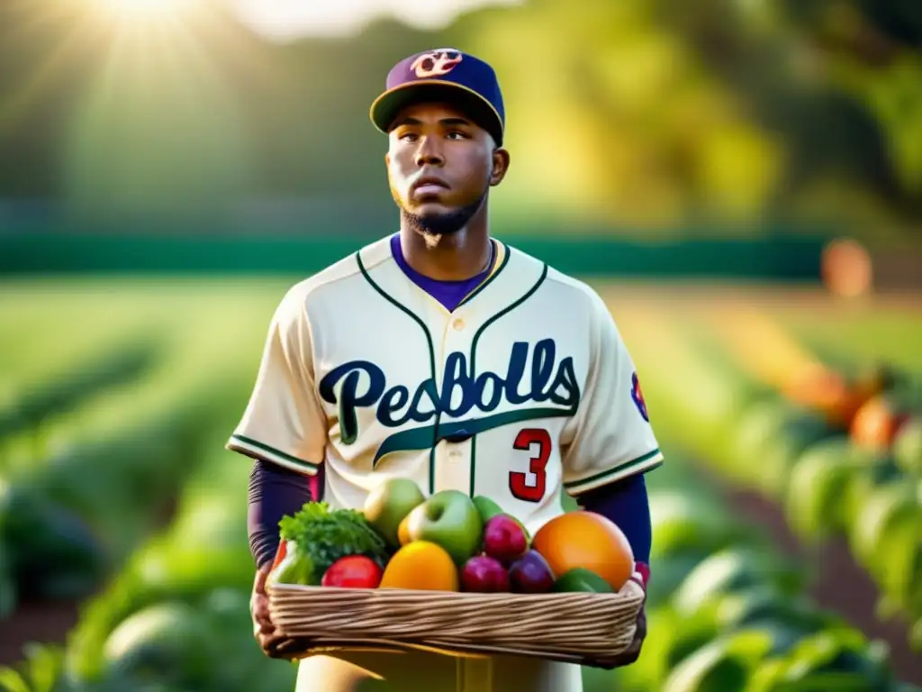 Un jugador de béisbol profesional en su uniforme sosteniendo frutas y verduras frescas en un campo verde vibrante. <b>Alimentación saludable para beisbolistas.