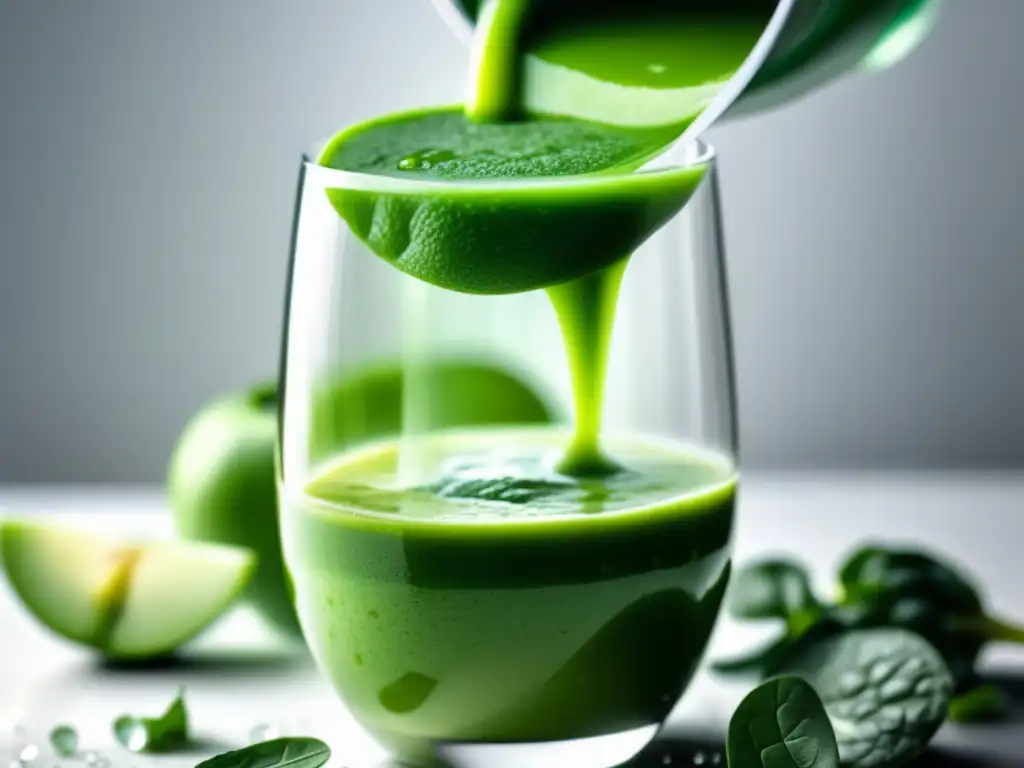 Un jugo detox fresco y vibrante se vierte en un vaso transparente, resaltando los colores naturales. <b>Verdades y mitos jugos detox.