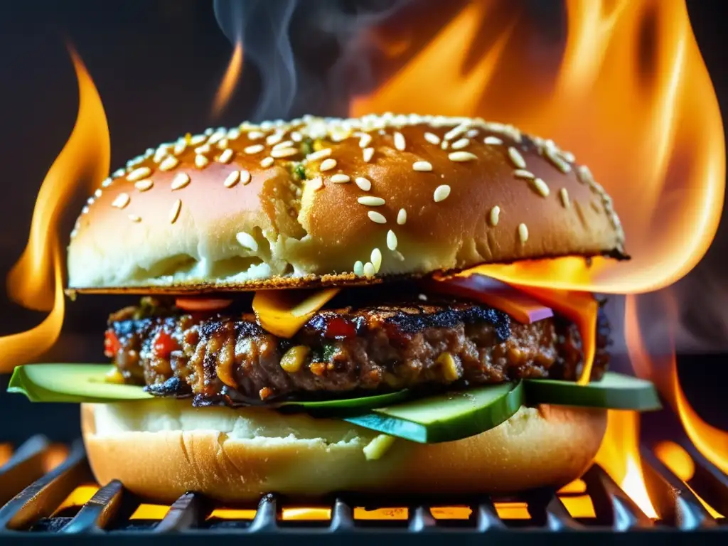 Una jugosa hamburguesa vegana en la parrilla, con marcas de cocción y humo. <b>Resalta los beneficios de las carnes alternativas.