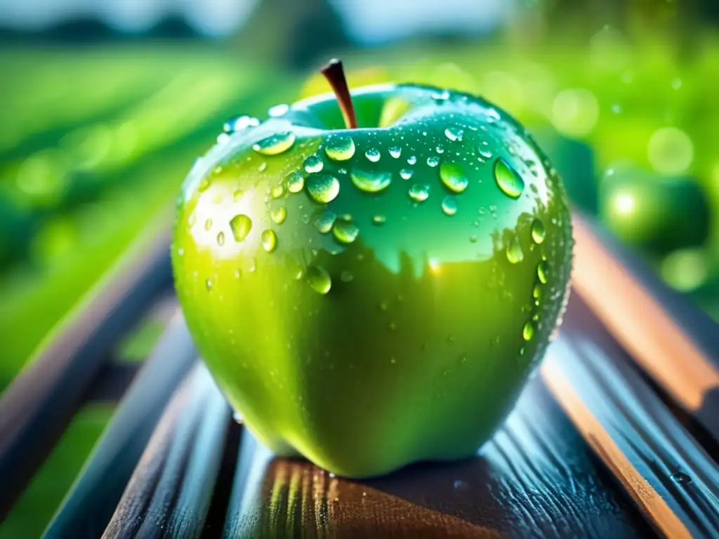 Una jugosa manzana verde orgánica cubierta de gotas de agua, con un fondo borroso de exuberantes huertos. La luz del sol resalta las gotas, creando un efecto mágico, mientras la textura de la piel de la manzana es nítida y detallada. Significado y