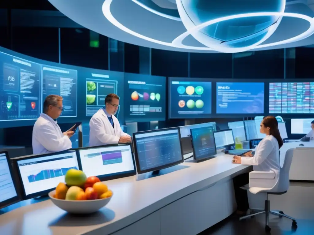 Un laboratorio futurista con científicos analizando secuencias de ADN y pantallas digitales mostrando datos genéticos. Un globo terráqueo con frutas y verduras orbita en el fondo, simbolizando el impacto global de la nutrigenómica en las guías alimentarias.