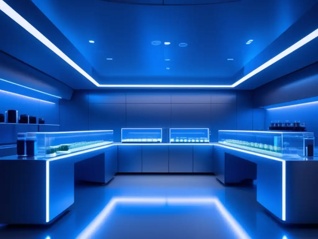 Un laboratorio futurista con IA formulando suplementos personalizados, envuelto en luz azul y tecnología de vanguardia.