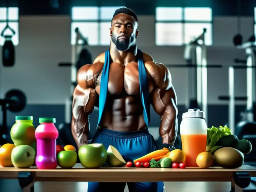 Un levantador de pesas musculoso en un gimnasio moderno y brillantemente iluminado, rodeado de alimentos nutritivos y equipamiento de ejercicio, irradiando fuerza y determinación. Alimentación para levantadores de pesas
