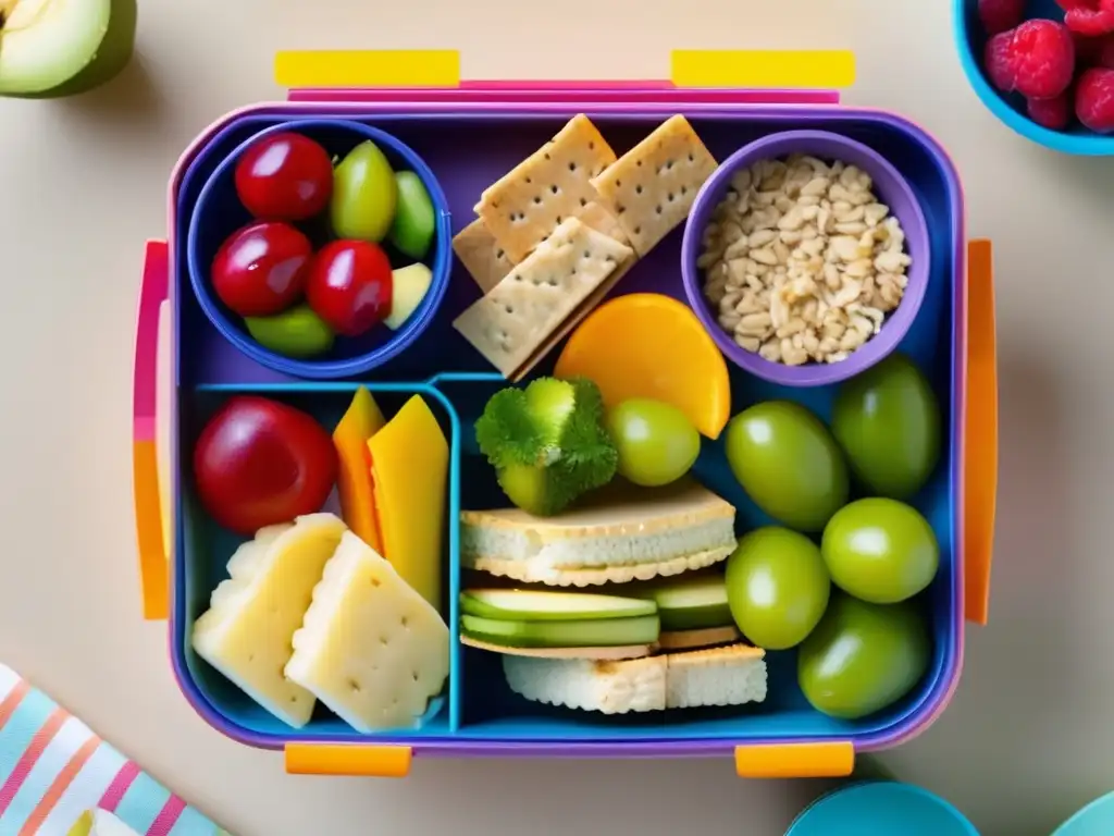 Una lonchera de niños con snacks saludables: frutas, verduras, galletas integrales y proteínas magras, presentados de forma colorida y apetitosa.