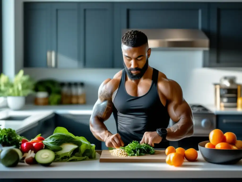 Un luchador de artes marciales prepara una comida equilibrada en su cocina, destacando la importancia de la nutrición en los deportes de combate.
