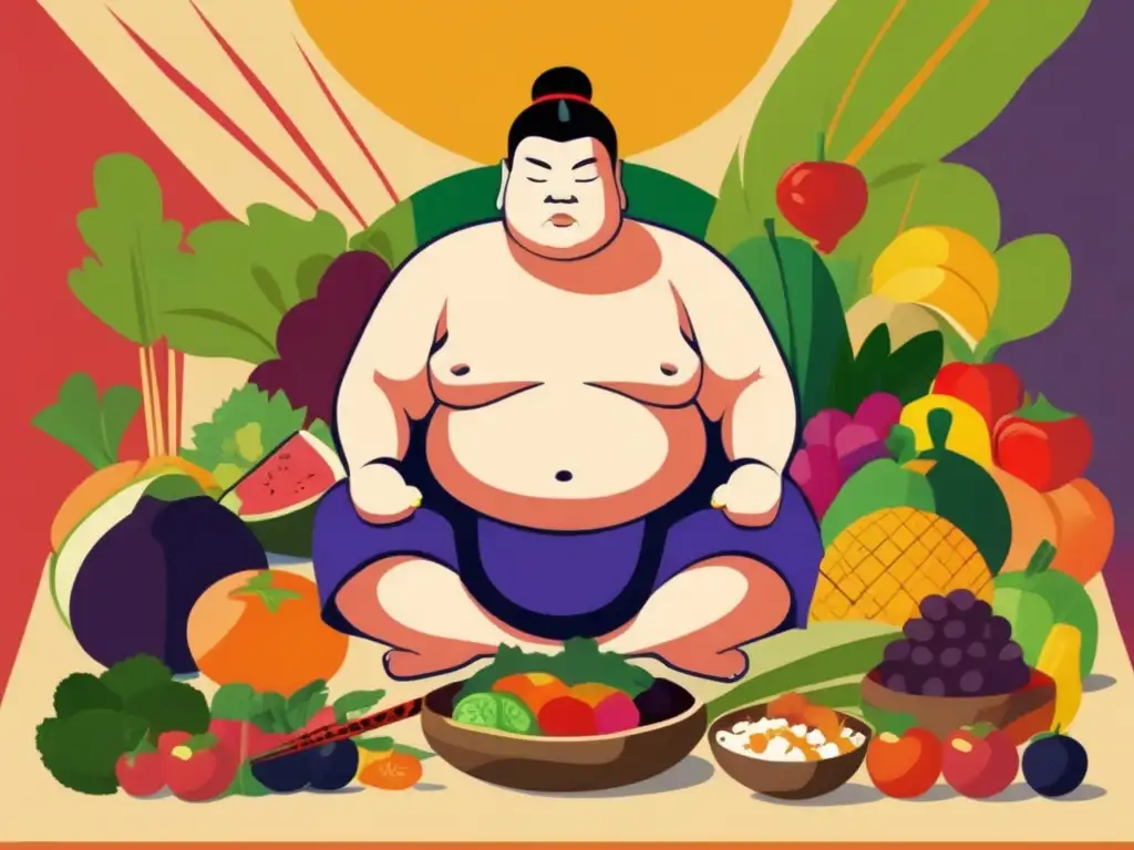 Un luchador de sumo disfruta de una comida equilibrada rodeado de frutas, verduras y proteínas. <b>Alimentación saludable para luchadores de sumo.