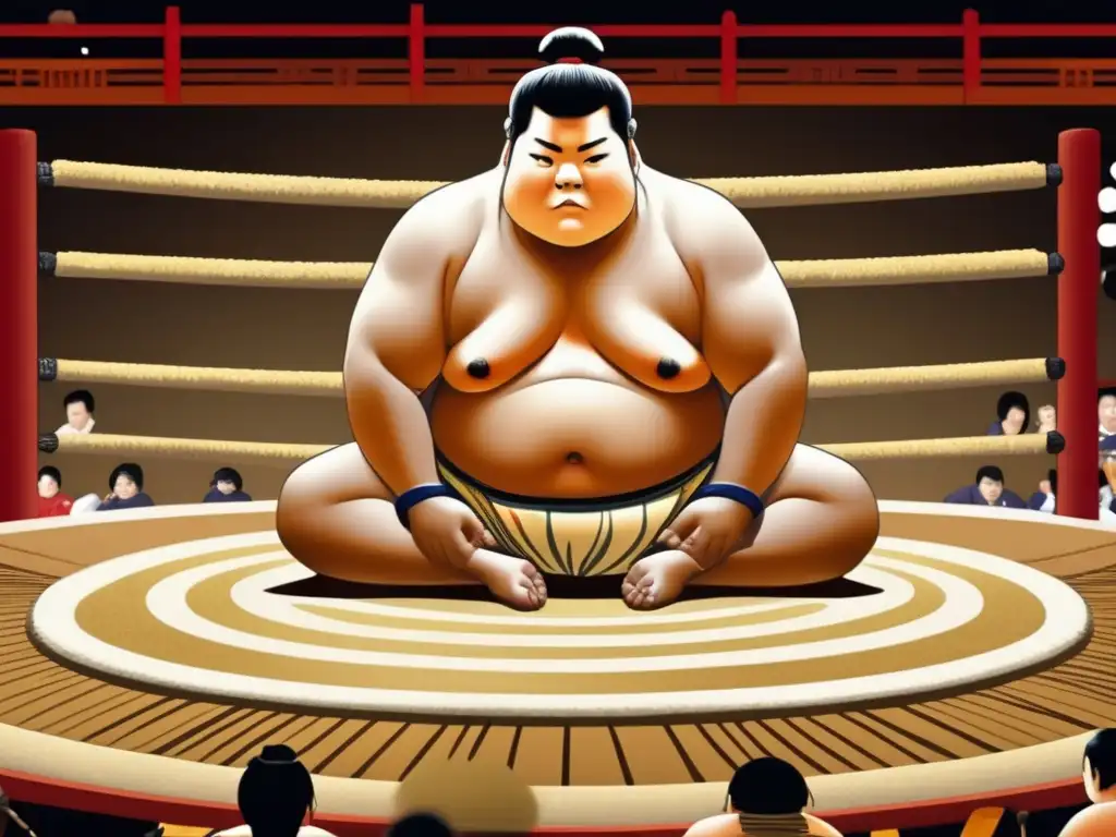 Un luchador de sumo se sienta en el dohyo, vistiendo un mawashi, realizando un ritual ceremonial antes de la pelea. <b>La imagen transmite la intensidad física y la importancia cultural del sumo, destacando la tradición y disciplina del deporte.</b> Alimentación saludable para luchadores