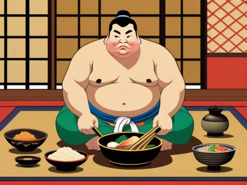 Un luchador de sumo se prepara para disfrutar de una nutritiva chankonabe, reflejando la tradición y la alimentación saludable para luchadores de sumo.