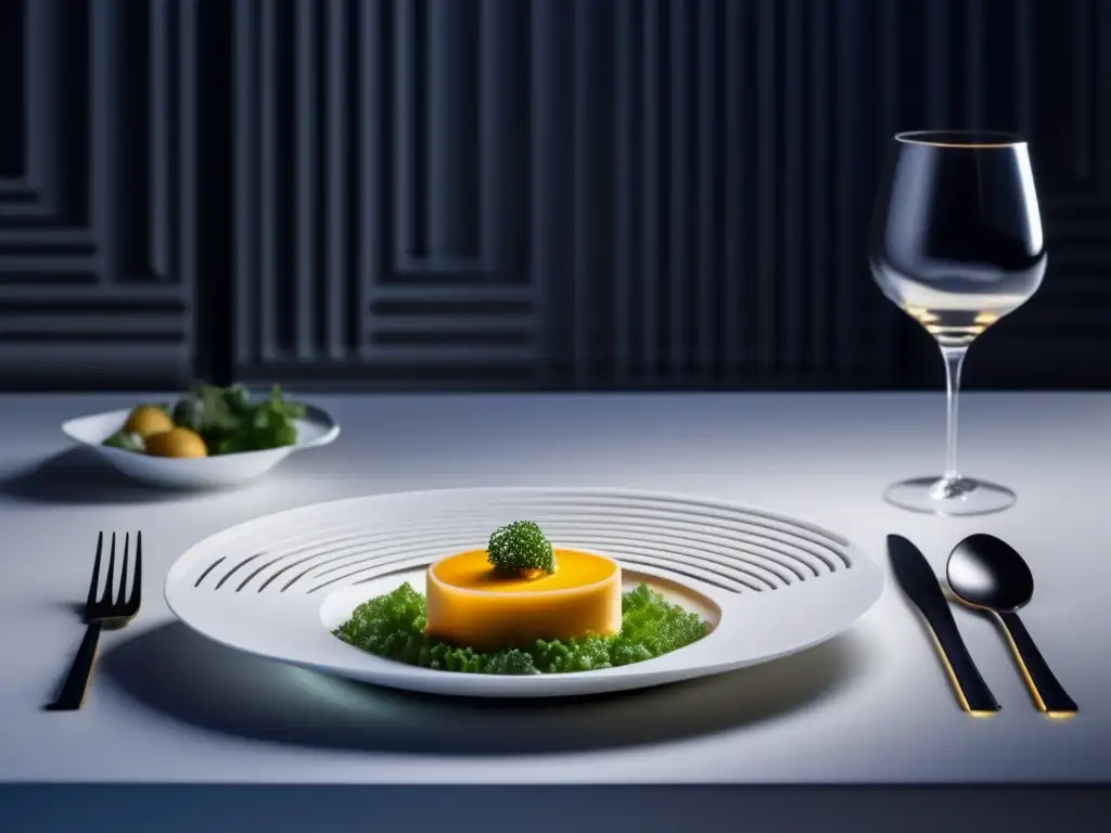 Una lujosa comida impresa en 3D en un entorno futurista y elegante, fusionando tecnología, nutrición y arte culinario.