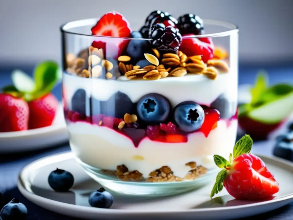 Deliciosa tentación: Postre de yogur griego y bayas Un lujoso postre bajo en calorías con yogur griego, bayas frescas y granola, presentado en una copa de postre. La luz natural realza su belleza.