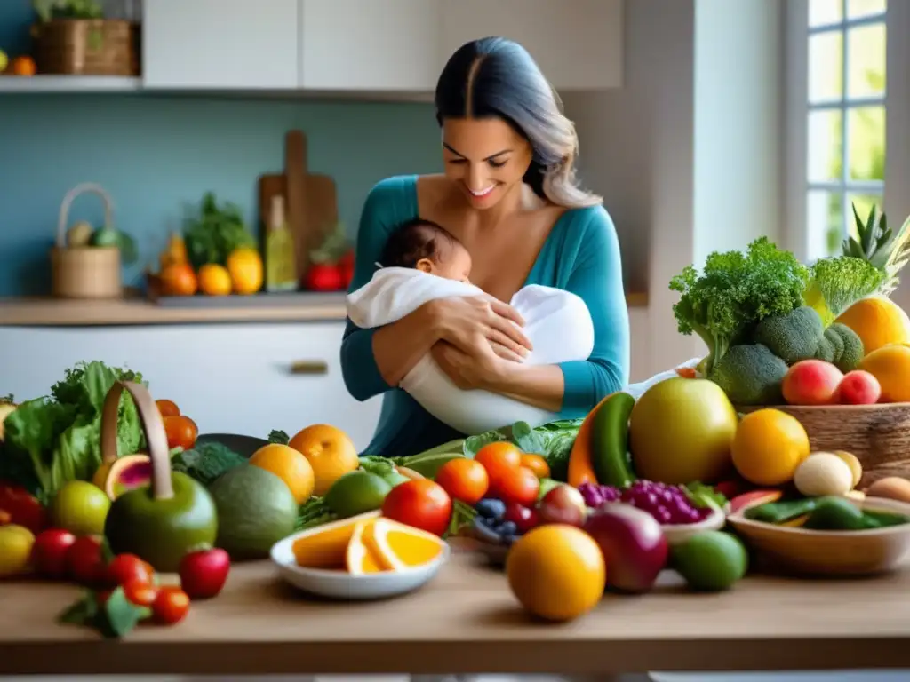 Una madre cuidadosamente prepara una comida nutritiva rodeada de ingredientes de la dieta mediterránea, transmitiendo amor y dedicación a su alimentación postparto. <b>La escena rebosa frescura y vitalidad.</b> <b>Dieta mediterránea embarazo nutrientes esenciales.