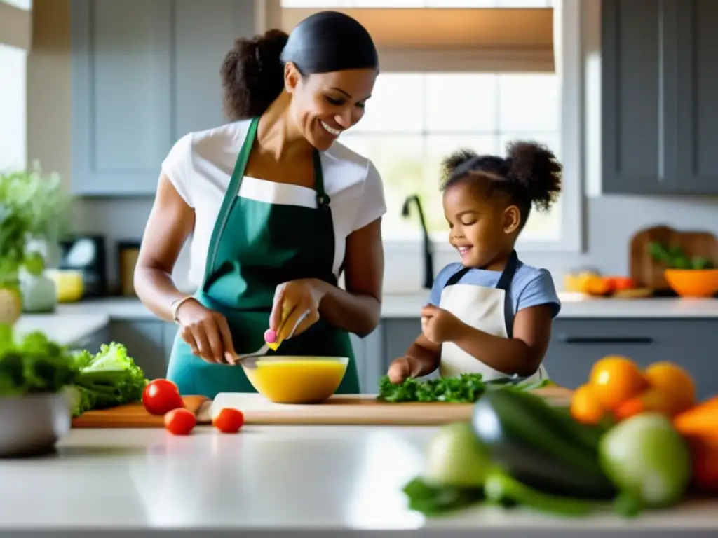 Una madre y su hijo preparan juntos una comida saludable en una cocina moderna y luminosa. <b>La atmósfera irradia alegría y unión familiar.</b> <b>Dieta infantil enfermedades crónicas.