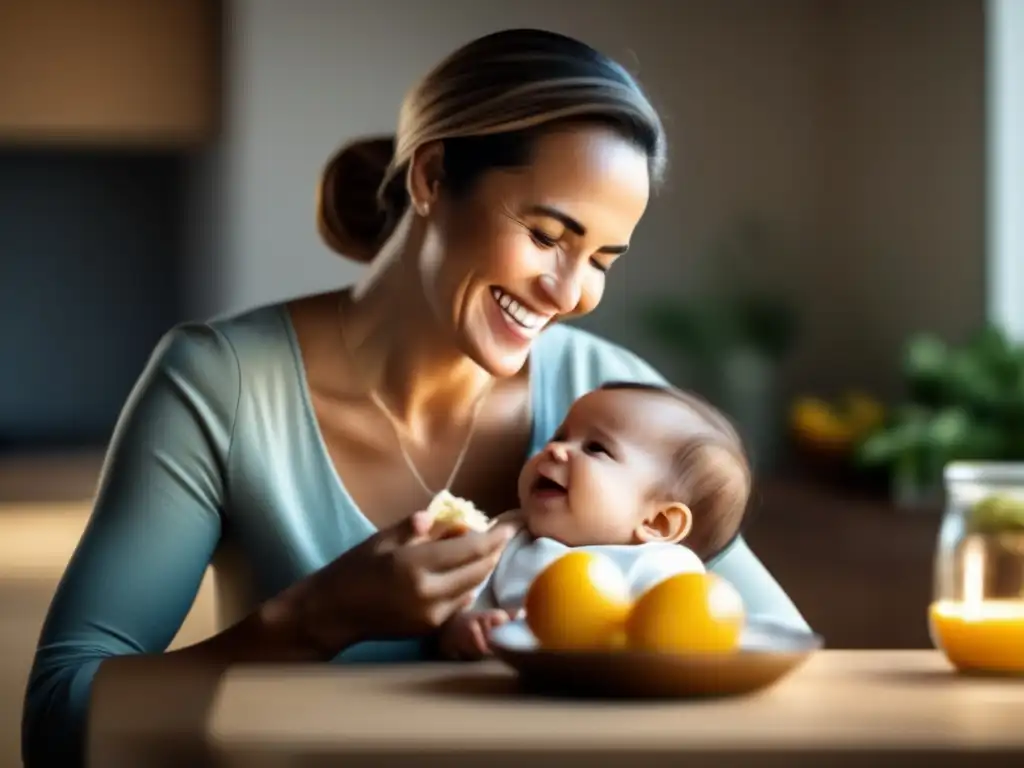 Una madre sonriente amamanta a su bebé en un ambiente tranquilo, rodeados de luz suave. <b>La expresión contenta del bebé captura el vínculo íntimo y beneficioso de la lactancia materna.</b> La imagen transmite calidez, amor y los beneficios nutricionales de la lactancia materna