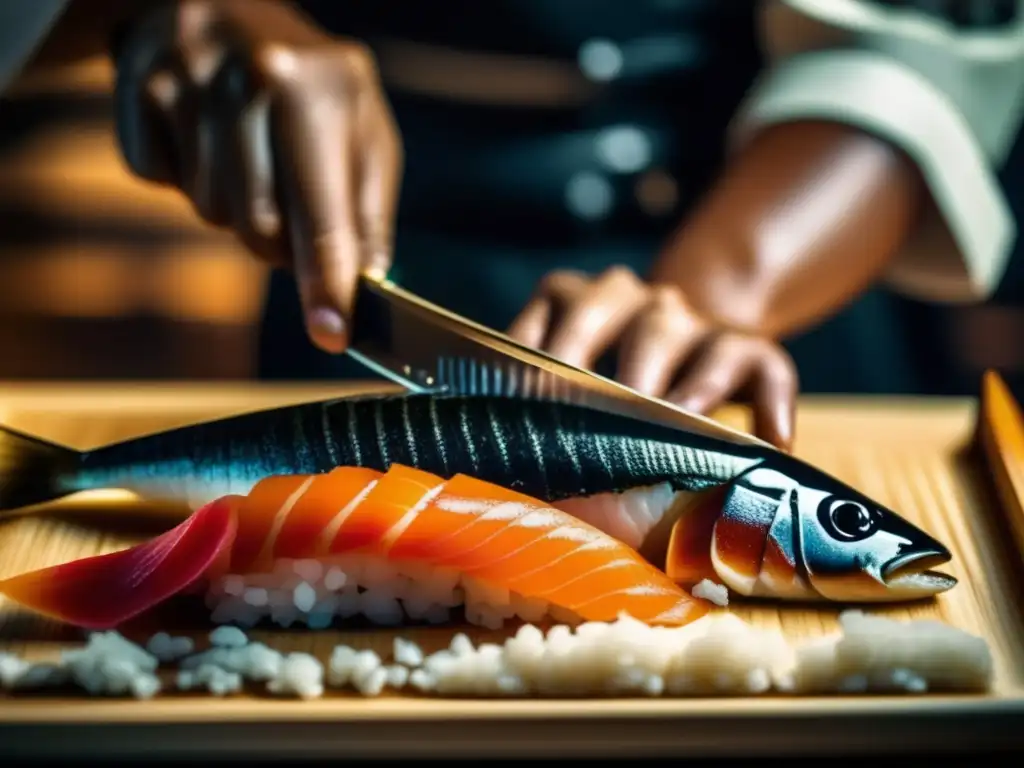 Un maestro sushi corta expertamente pescado fresco para recetas saludables de sushi casero.