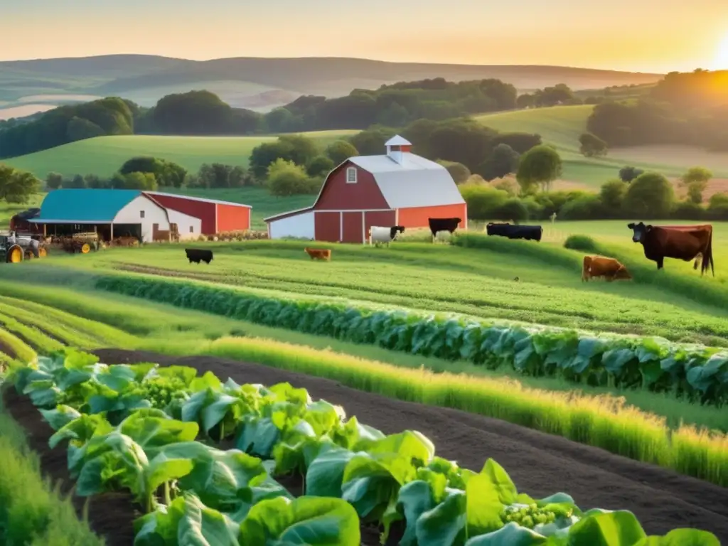 Granja orgánica y ranchos sostenibles al atardecer