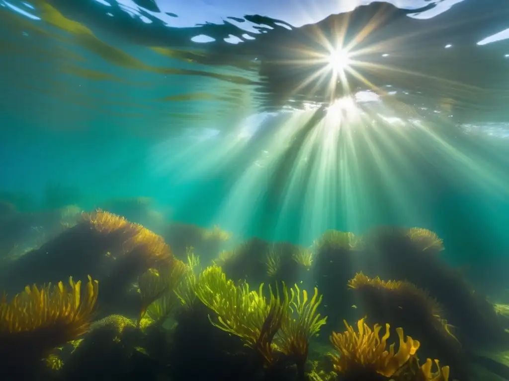 Un majestuoso bosque de algas submarino, con la luz del sol filtrándose a través del agua y resaltando los vibrantes tonos verdes y marrones de las algas. La diversa vida marina añade movimiento y profundidad, creando una representación visual cautivadora y envolvente de los benef