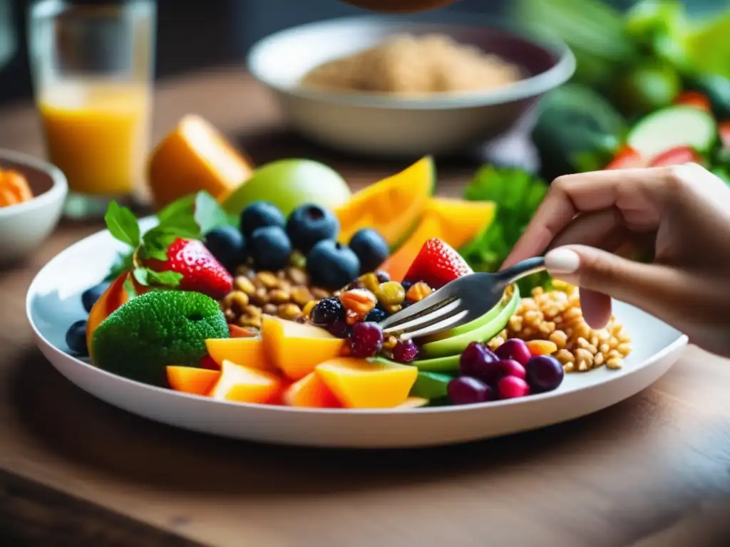 Una mano sostiene un tenedor frente a un plato de comida colorida y nutritiva, mostrando las diferencias entre inapetencia y trastorno alimentario.