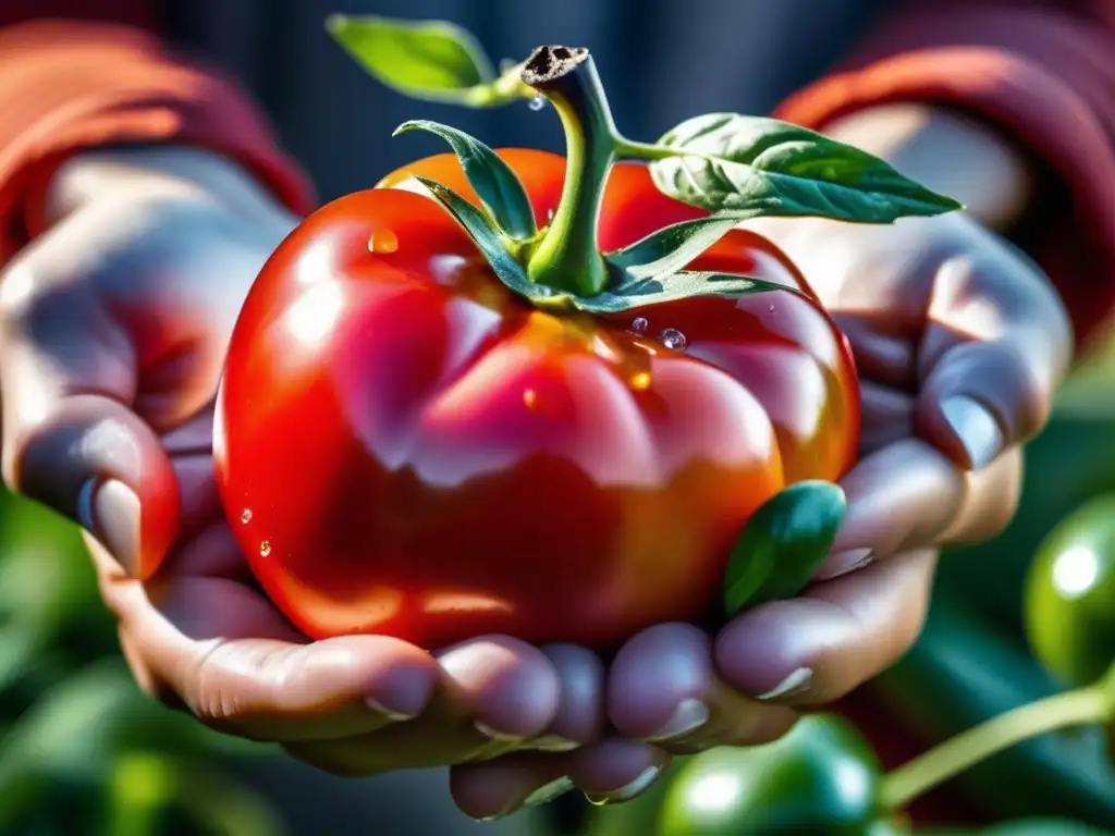 Una mano sostiene un tomate rojo maduro, rodeado de productos orgánicos frescos en un mercado, con luz natural que realza su belleza. <b>Identificar productos orgánicos mercado.