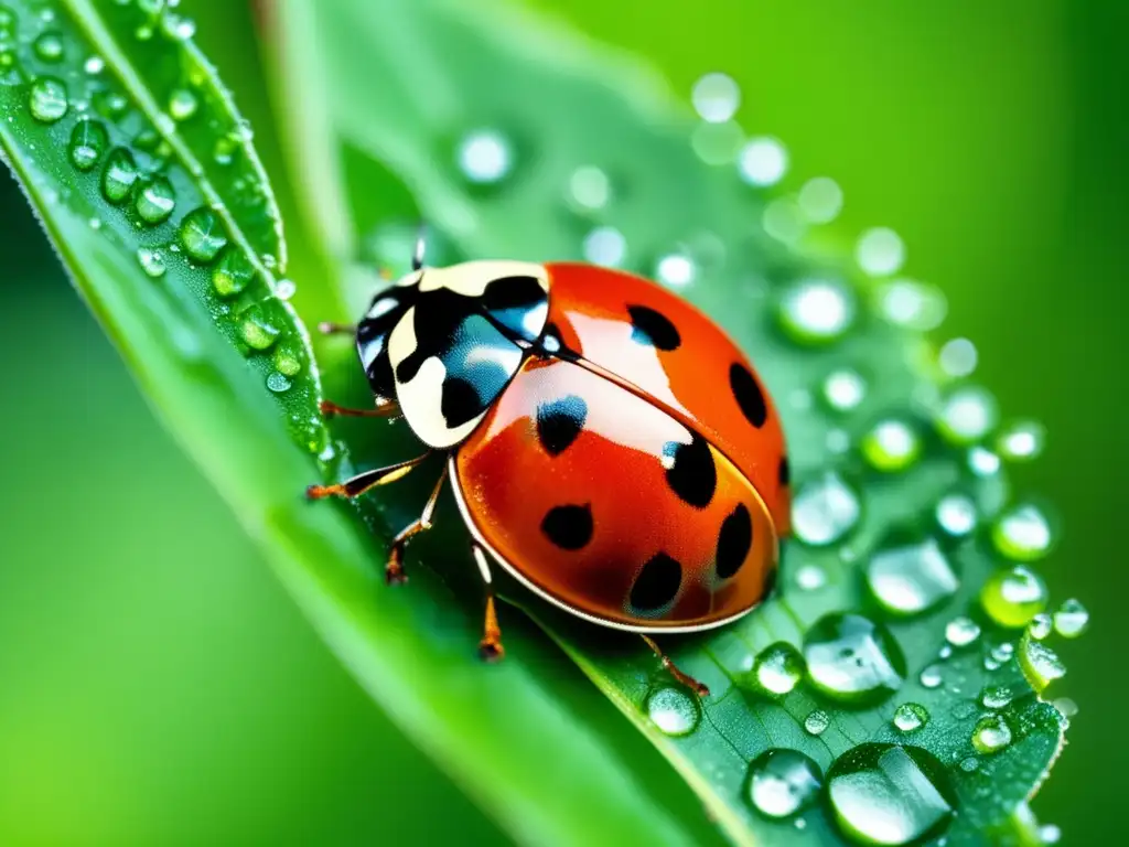 Detalle increíble de mariquita en hoja verde