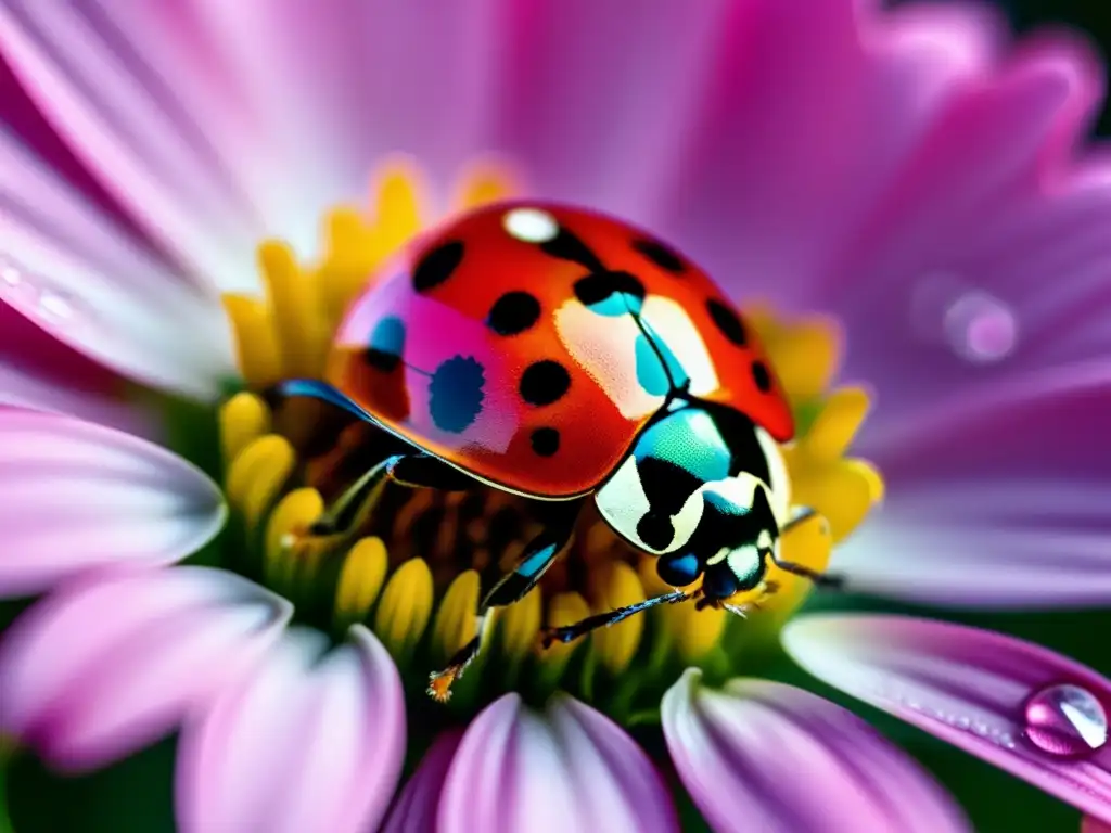Detalles deslumbrantes: mariquita verde en margarita rosa