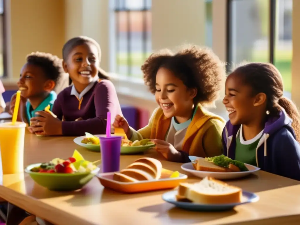 Un menú escolar inclusivo sin alérgenos, con niños felices compartiendo alimentos seguros en una cafetería escolar acogedora y moderna.