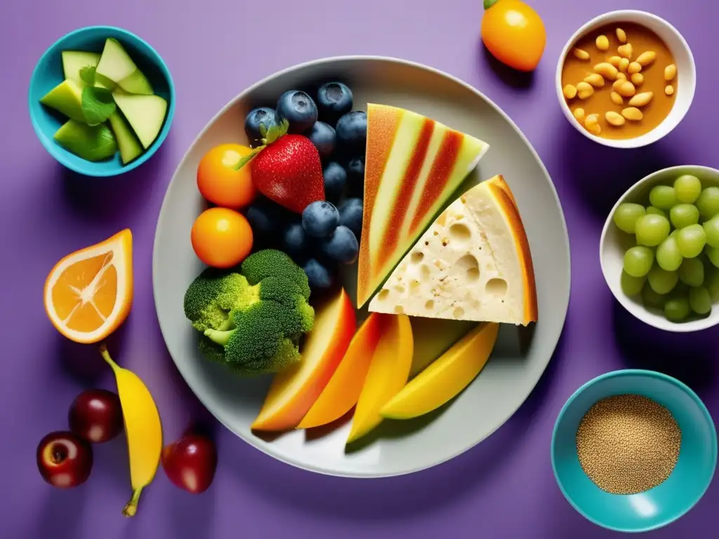 Un menú semanal equilibrado para niños con una variedad de frutas, verduras, granos y proteínas en un plato minimalista.
