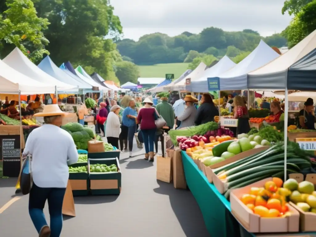 Un mercado de agricultores bullicioso con productos frescos y coloridos, clientes sonrientes y una atmósfera de comunidad y sostenibilidad. <b>Cadena de suministro alimentos ética.