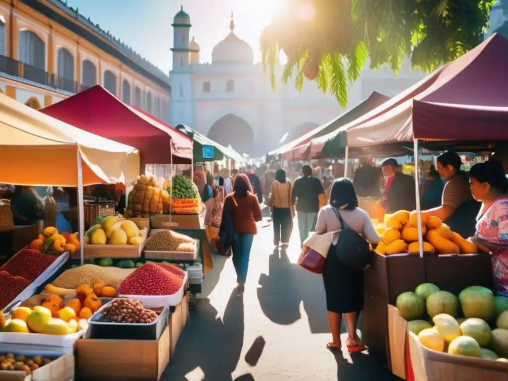 Un mercado al aire libre bullicioso con puestos coloridos rebosantes de frutas exóticas, especias y vendedores de comida callejera internacional. La escena vibrante muestra a personas de diferentes culturas comprando, comiendo y participando en animadas conversaciones, capturando la esencia del intercambio culinario