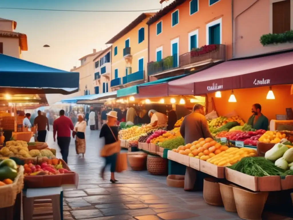 Un mercado al aire libre con frutas, verduras y productos locales. <b>Transmite el ambiente vibrante y cálido del estilo mediterráneo.</b> Beneficios y mitos sobre la Dieta Mediterránea.