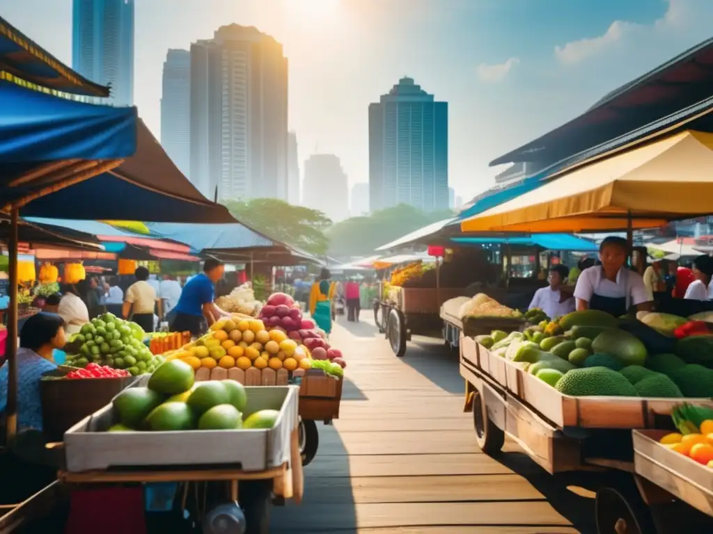 Un mercado bullicioso en Bangkok con frutas y verduras coloridas, reflejando el impacto de la globalización en la alimentación.