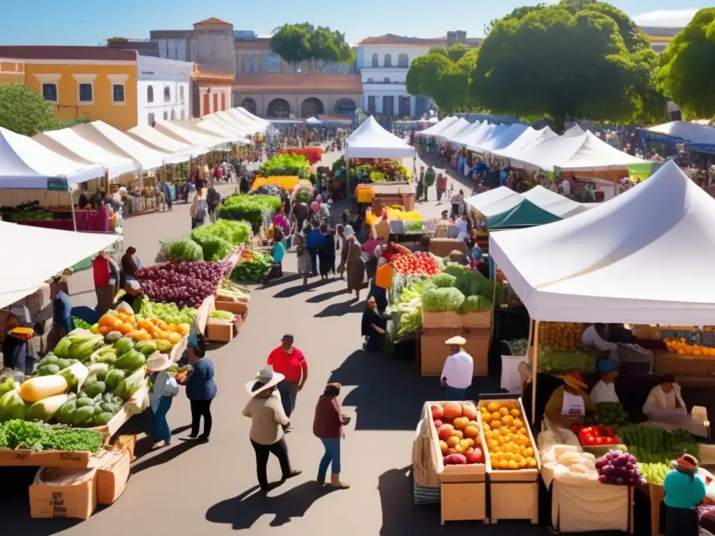 Un mercado bullicioso con productos orgánicos coloridos bajo carpas blancas. <b>La multitud diversa disfruta de la comida fresca y charla con los vendedores amigables.</b> <b>El sol ilumina la escena, mientras un letrero anuncia