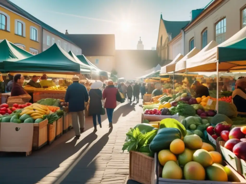 Un mercado bullicioso rebosante de colores y vida, con frutas y verduras frescas bañadas por la cálida luz. <b>Beneficios alimentos orgánicos para salud.