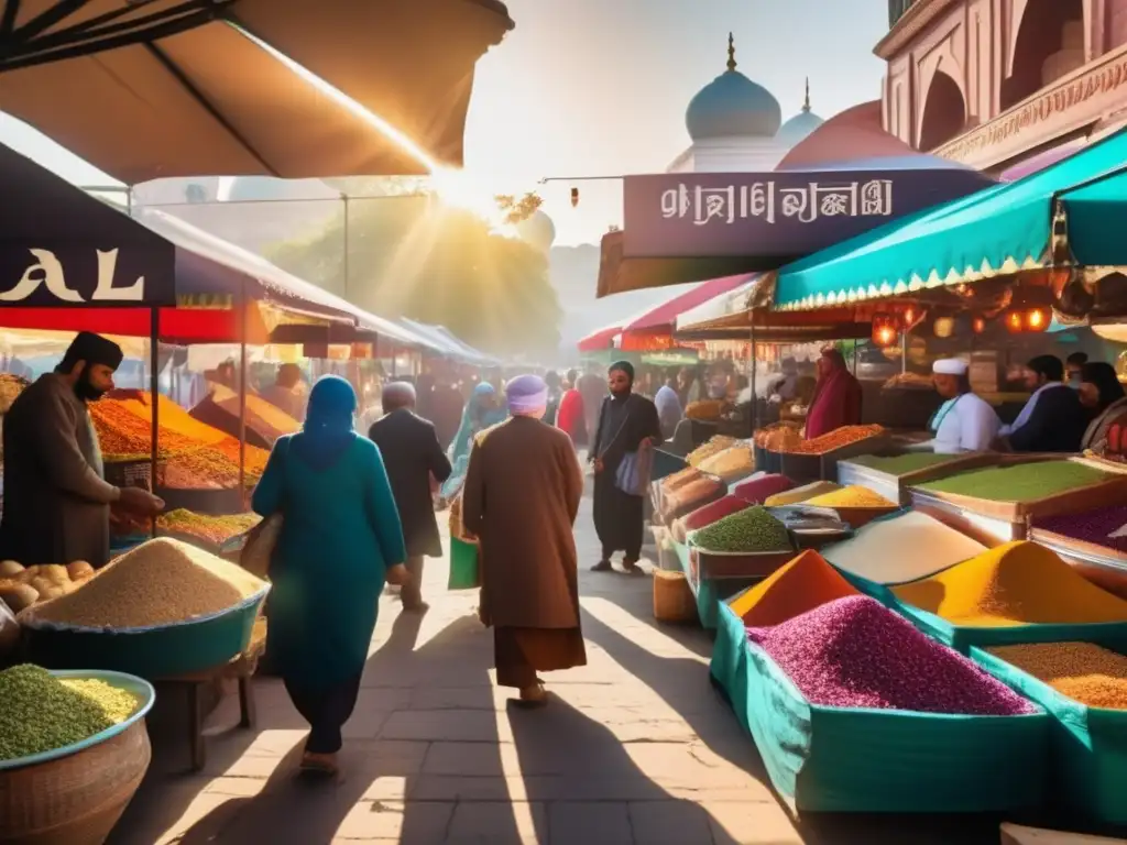 Un mercado bullicioso con vendedores ofreciendo alimentos halal y kosher en un ambiente vibrante y colorido. <b>La escena irradia energía y tradición religiosa.