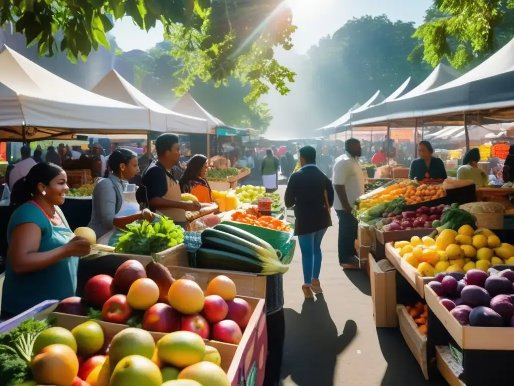 Un mercado callejero bullicioso con una amplia variedad de frutas, verduras y especias coloridas. <b>Personas de diversas culturas crean una atmósfera vibrante mientras la luz del sol filtra a través de los árboles.</b> El impacto de la globalización en la alimentación se refleja en la divers