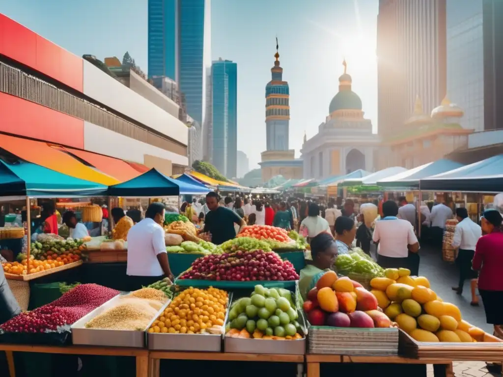 Un mercado callejero bullicioso en una ciudad vibrante, con puestos rebosantes de frutas coloridas, especias y vendedores preparando platos de todo el mundo. La escena está llena de gente diversa probando diferentes cocinas y participando en animadas conversaciones, mientras los modernos rascacielos se