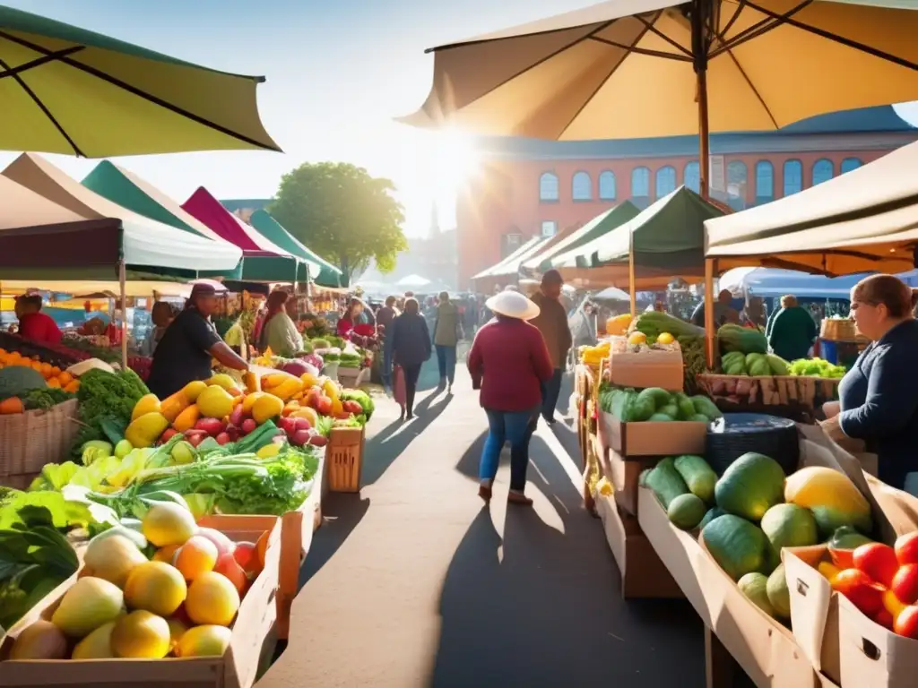 Un mercado lleno de coloridas paradas de productos frescos, con una atmósfera vibrante que conecta a la comunidad con alimentos con huella de carbono.