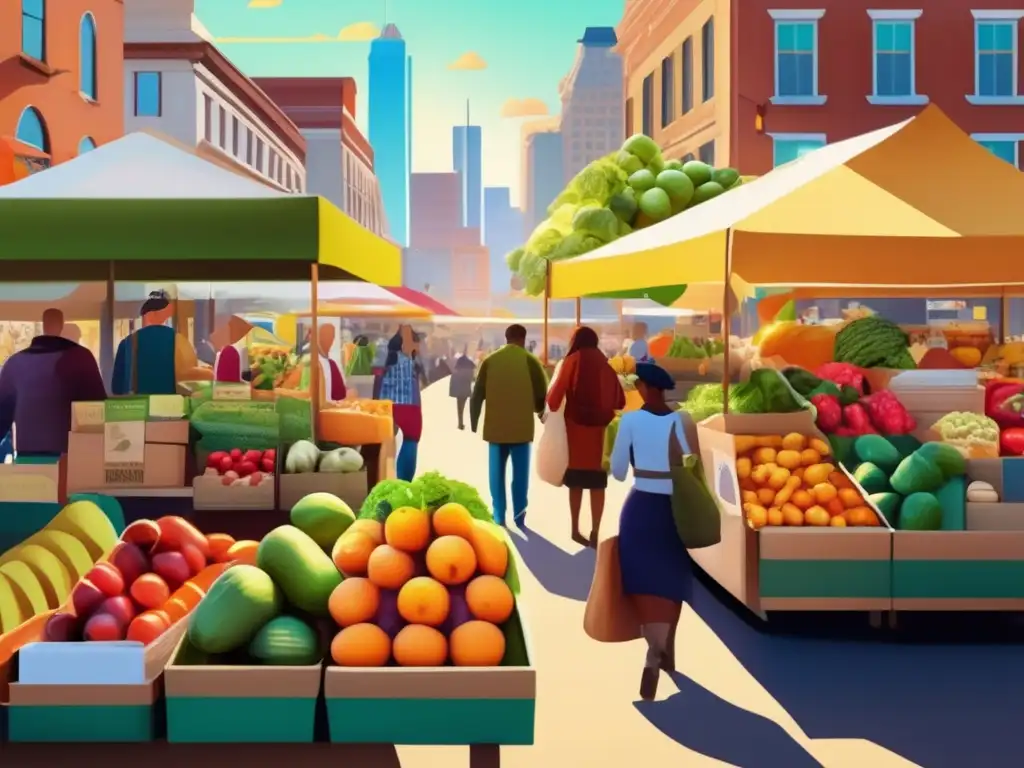 Mercado urbano lleno de frutas y verduras orgánicas Un mercado lleno de vida con alimentos orgánicos accesibles y vendedores interactuando con clientes en una ciudad bulliciosa.