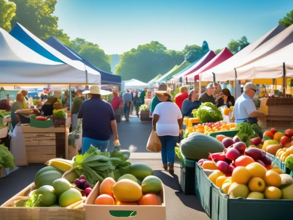 Un mercado lleno de vida con frutas y verduras frescas, productos artesanales y agricultores sonrientes, destacando la importancia de apoyar agricultores locales.