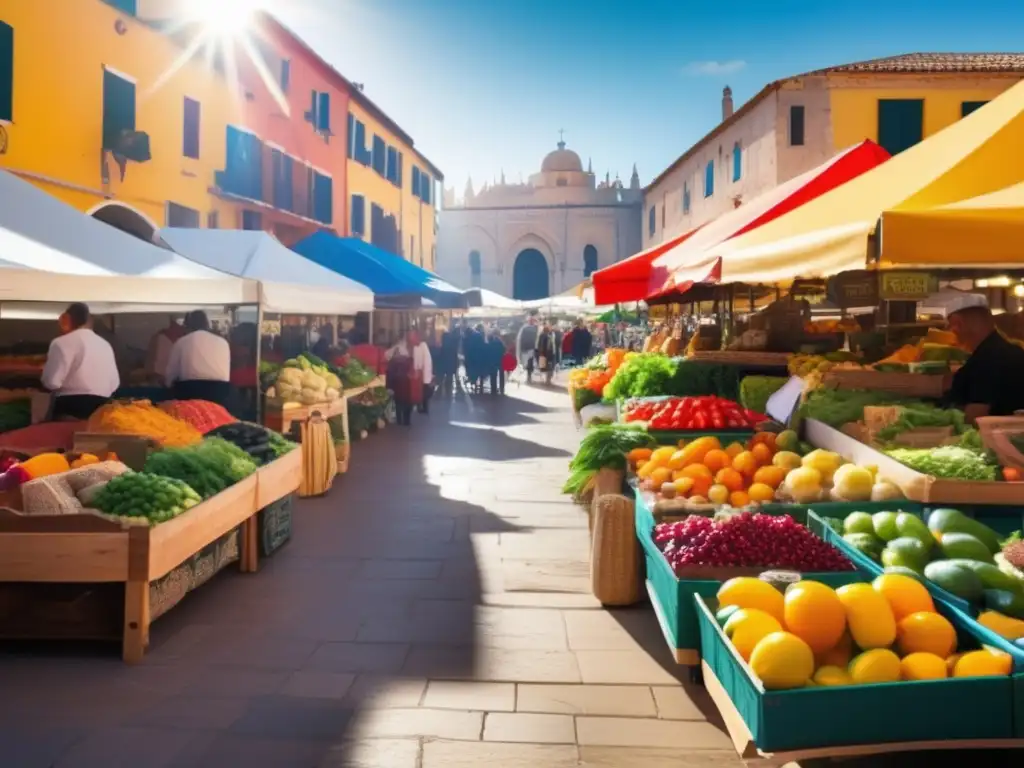 Un mercado mediterráneo bullicioso y colorido rebosante de frutas, vegetales y productos locales frescos. La luz solar ilumina el escenario, destacando la riqueza y vitalidad de la Dieta Mediterránea alimentación saludable.