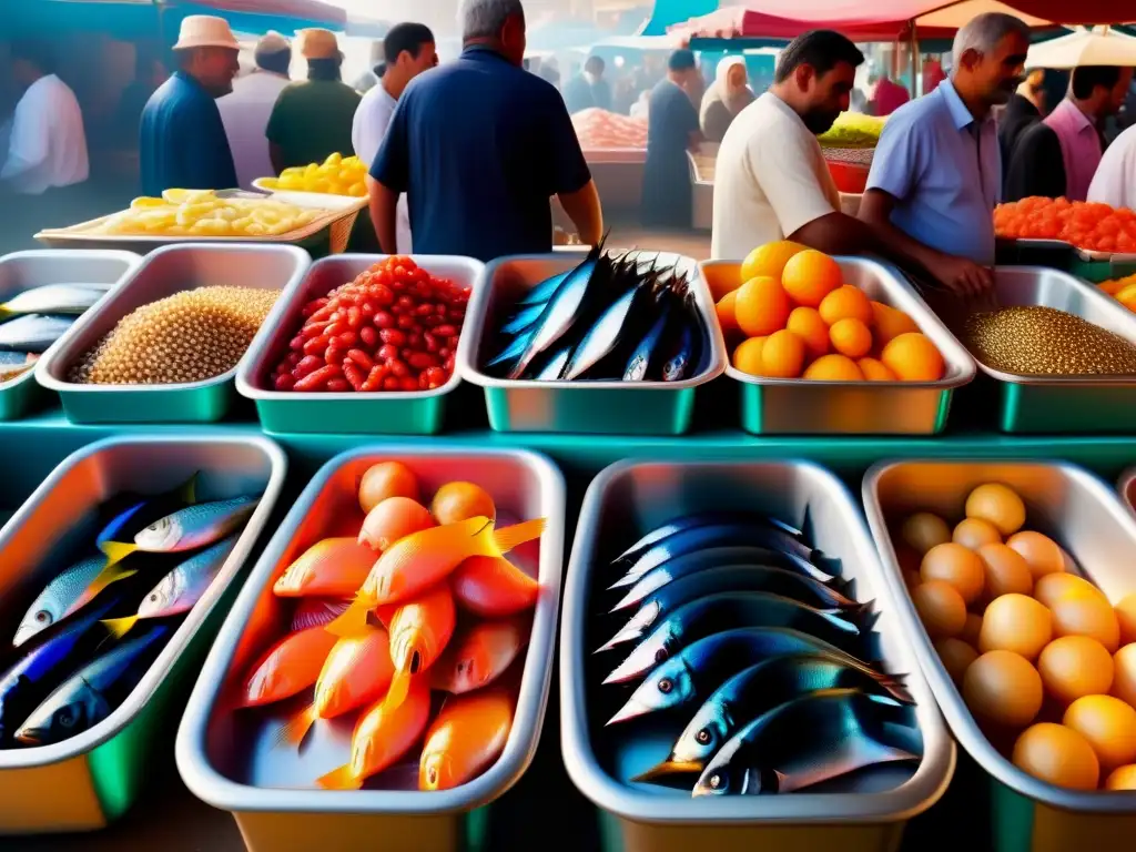 Un mercado Mediterráneo bullicioso con pescados frescos en vibrantes colores. <b>Importancia del pescado en dieta mediterránea.