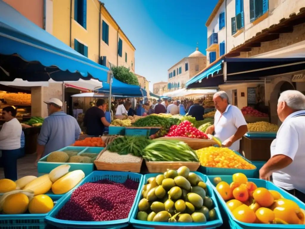 Un mercado mediterráneo bullicioso, con productos frescos y el resplandor del sol sobre el mar. Dieta mediterránea longevidad influencia.