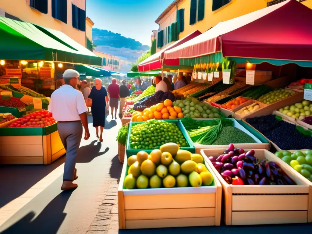 Un mercado mediterráneo rebosante de vida, color y vitalidad, que refleja la esencia de la dieta mediterránea para la prevención del cáncer.